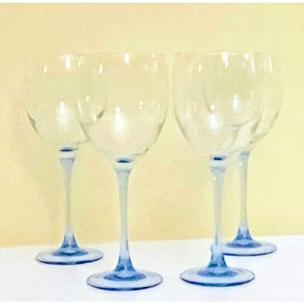 4 Azur Luminarc 8" Crystal Blue Wine Glasses Goblets France Cristal d'ques